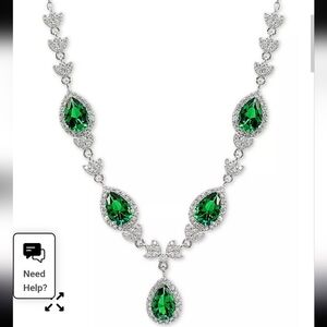 $320 Macy's Classic Silver Green Halo Statement Necklace Sterling  16" + 2 Party